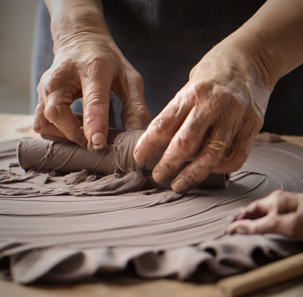 Hands trimming clay on a pottery wheel, dust catching the light in the workshop