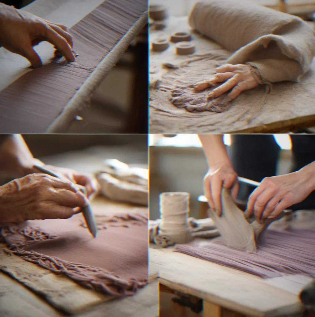 A journal being stitched by hand, spine coming together with thread visible, finished pages stacked next to it