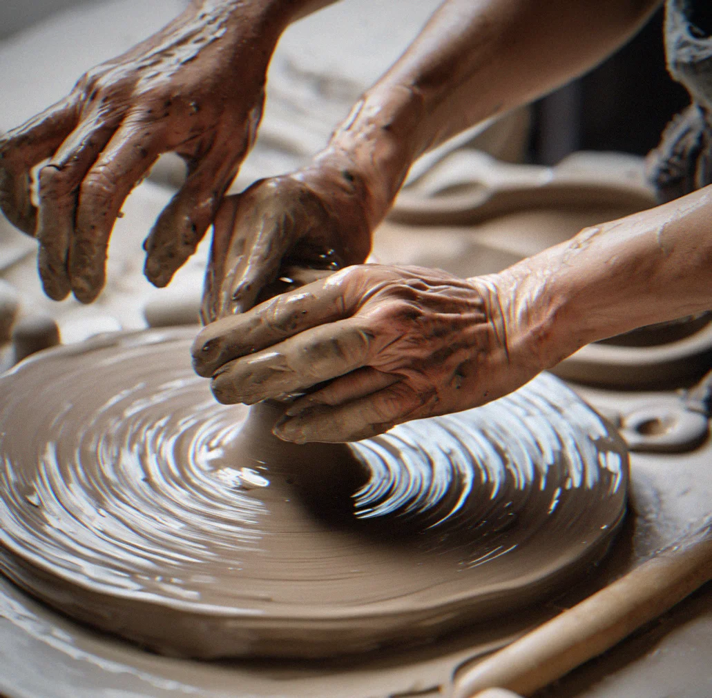A ceramic artist's hands working wet stoneware on the wheel, water dripping off the spinning clay