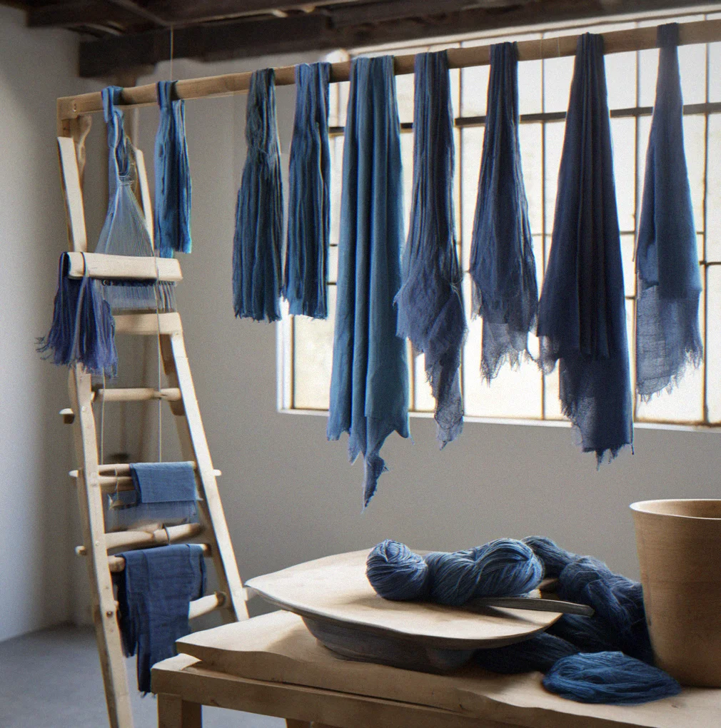 Indigo-dyed linen in different shades of blue hanging on a studio rack, the color variations showing how many times it's been dipped