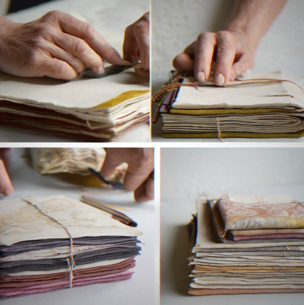 Hand-bound journals stacked together, stitching visible on the spines and the handmade paper edges rough and uneven