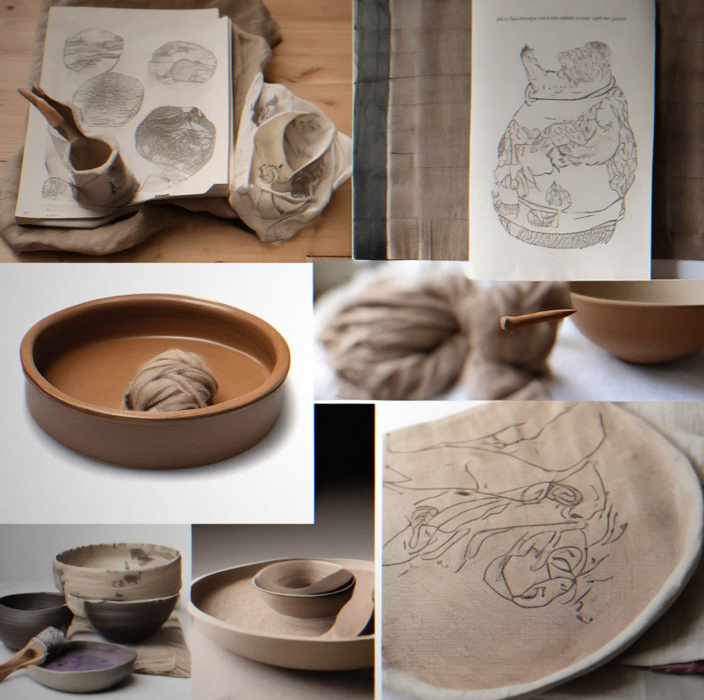 Handmade items displayed together: natural linen cloth, stoneware bowl, screen-printed poster, and hand-bound journal on wood
