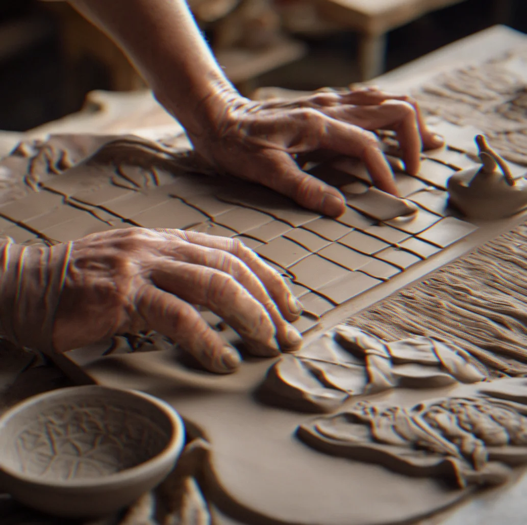 Maker's hands typing a message on a laptop, finished ceramic pieces scattered around