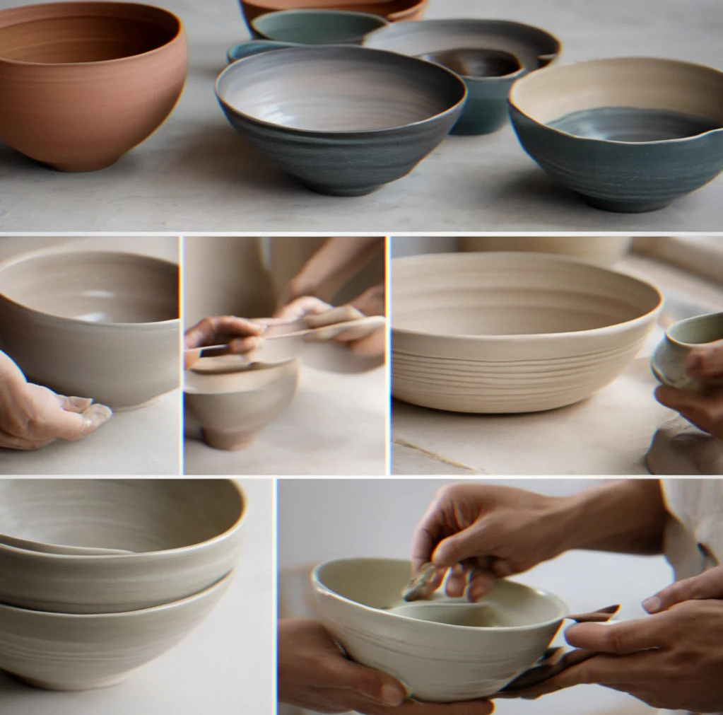 Hand-thrown bowls in different glaze finishes arranged on a shelf