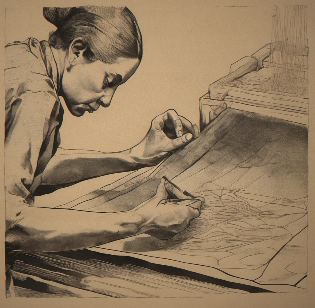 Price brekadown on kraft paper showing material cost, labor hours and final price for screen-printed textile
