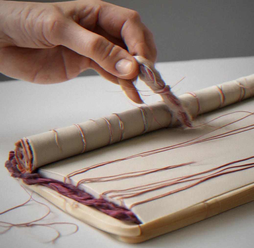 Hand-bound journal spine showing visible stitching and thread knots