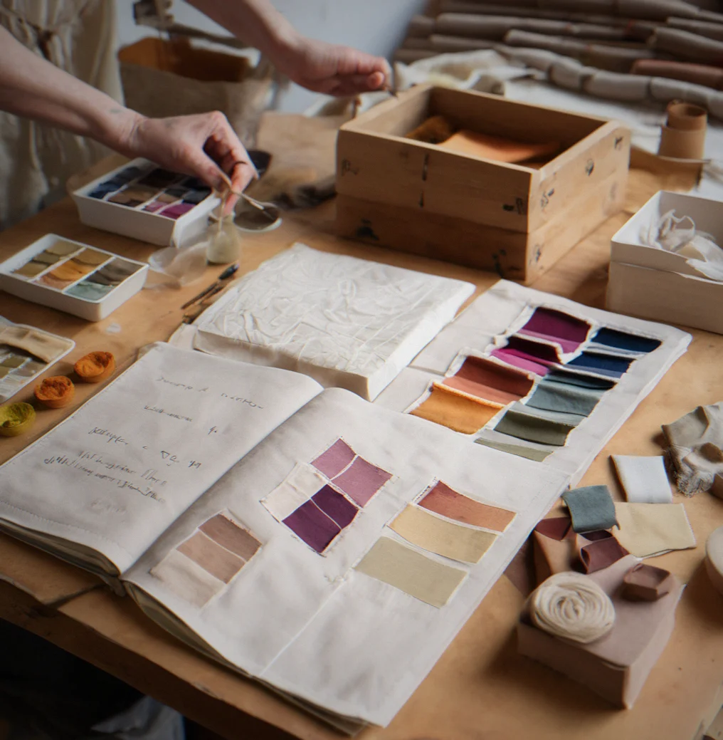 Maker's notebook with custom order notes, color swatches and natural dye samples