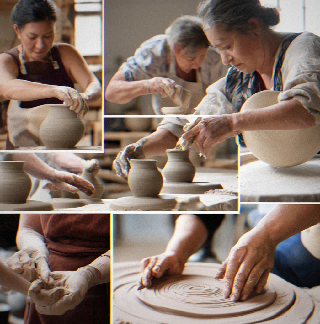 Workshop with participants learning hand-throwing at a pottery wheel