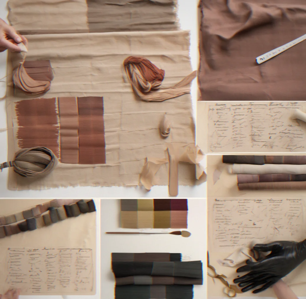 Fabric swatches, natural dyes and paper stocks with handwritten labels about fiber content and techniques