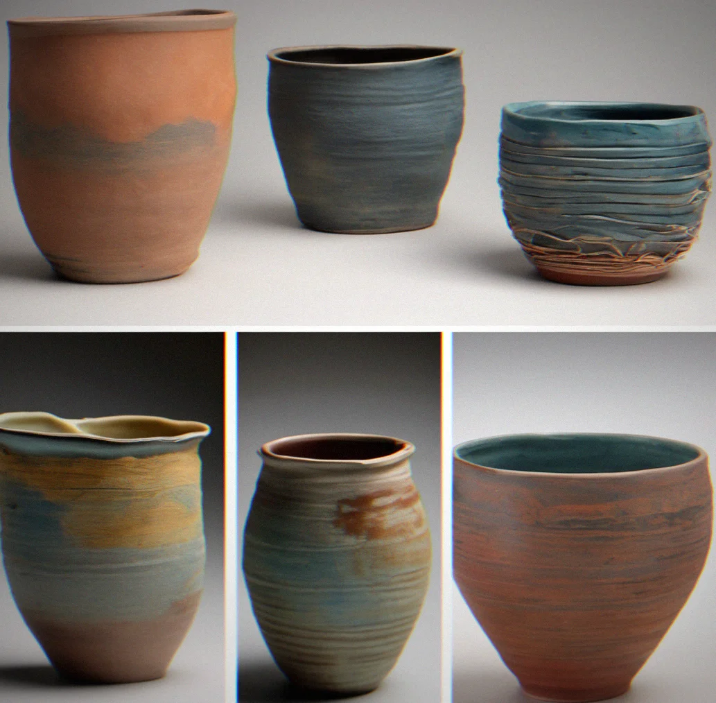 Ceramic vessels showing patina and color deepening from years of daily use