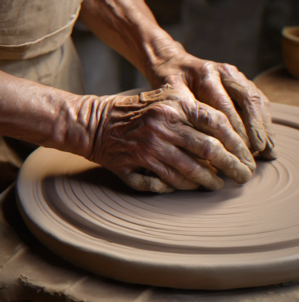 Potter's hands shaping clay on the wheel, fingers working the spinning form