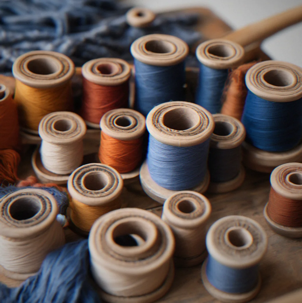 Dyed thread spools in indigo, rust and ochre sitting on a wooden shelf