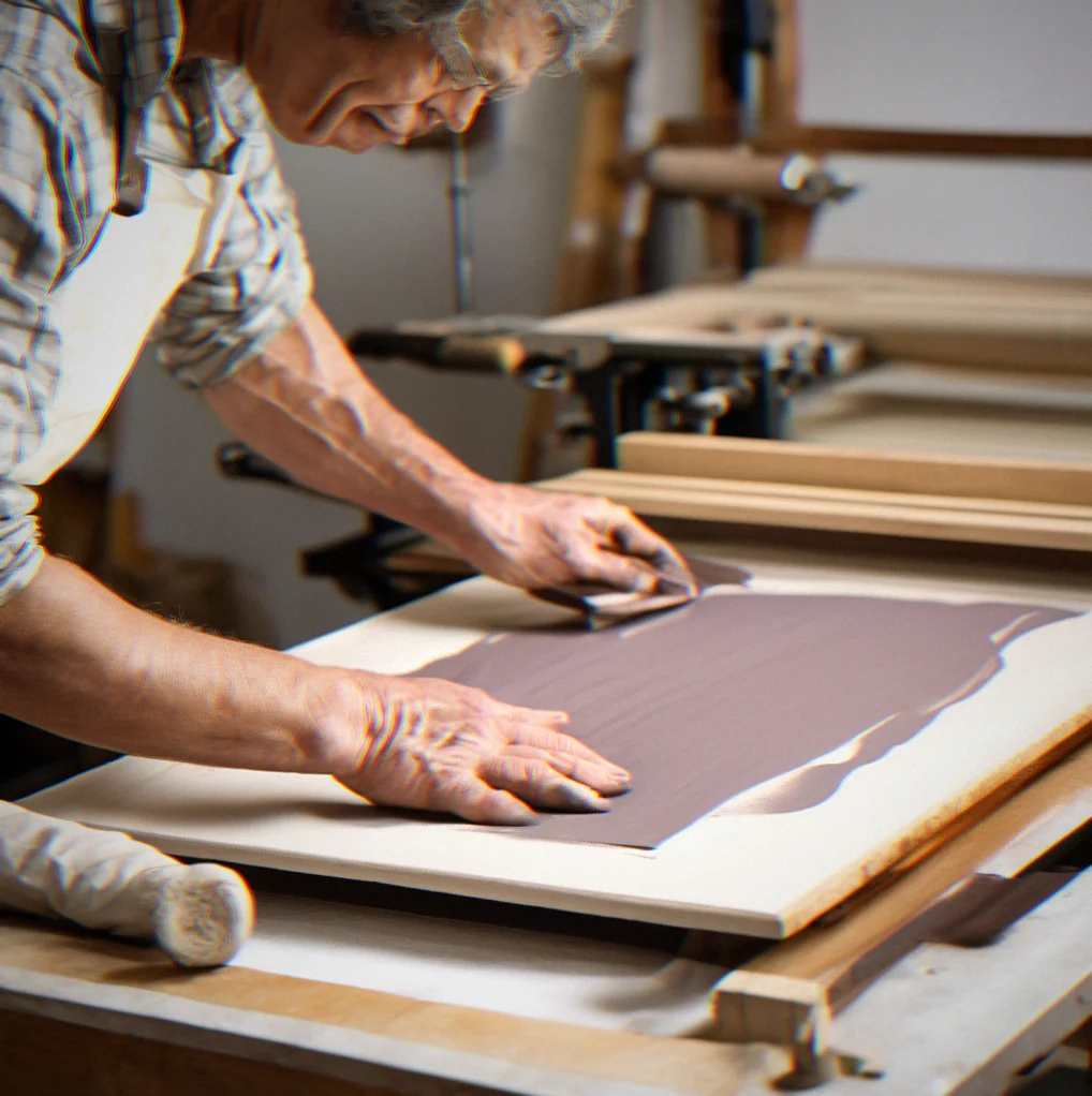 Printmaker sliding paper under the letterpress bed to make a pull