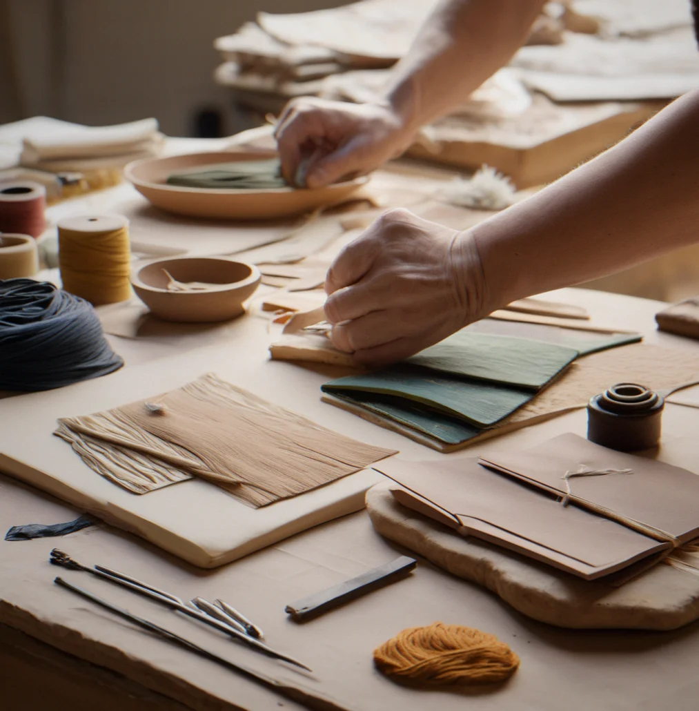 Workshop table with bone folders, bookbinding thread, leather scraps and bound journals scattered across it