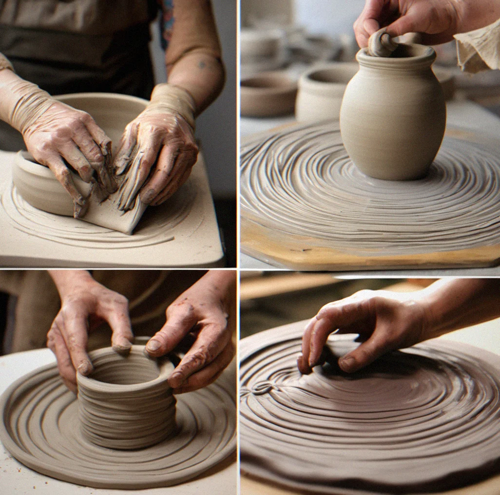 Ceramics just out of the wood kiln with natural ash glaze and surface variation