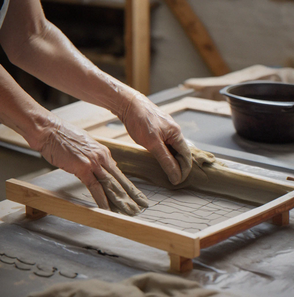 Screen-printing frame with tight mesh and squeegee ready, ink marks visible