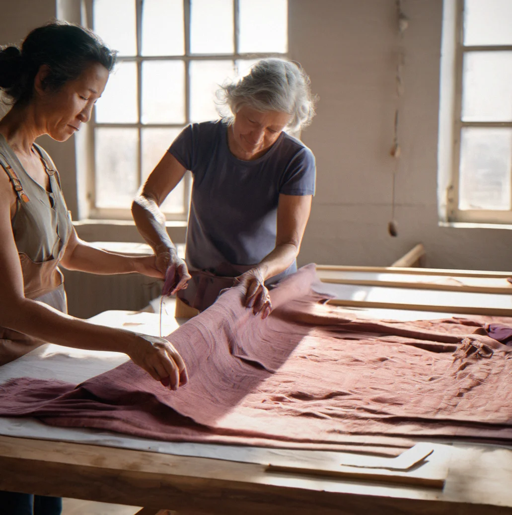 Maker and visitor looking at a finished textile draped over a frame in the studio, sunlight coming through the window