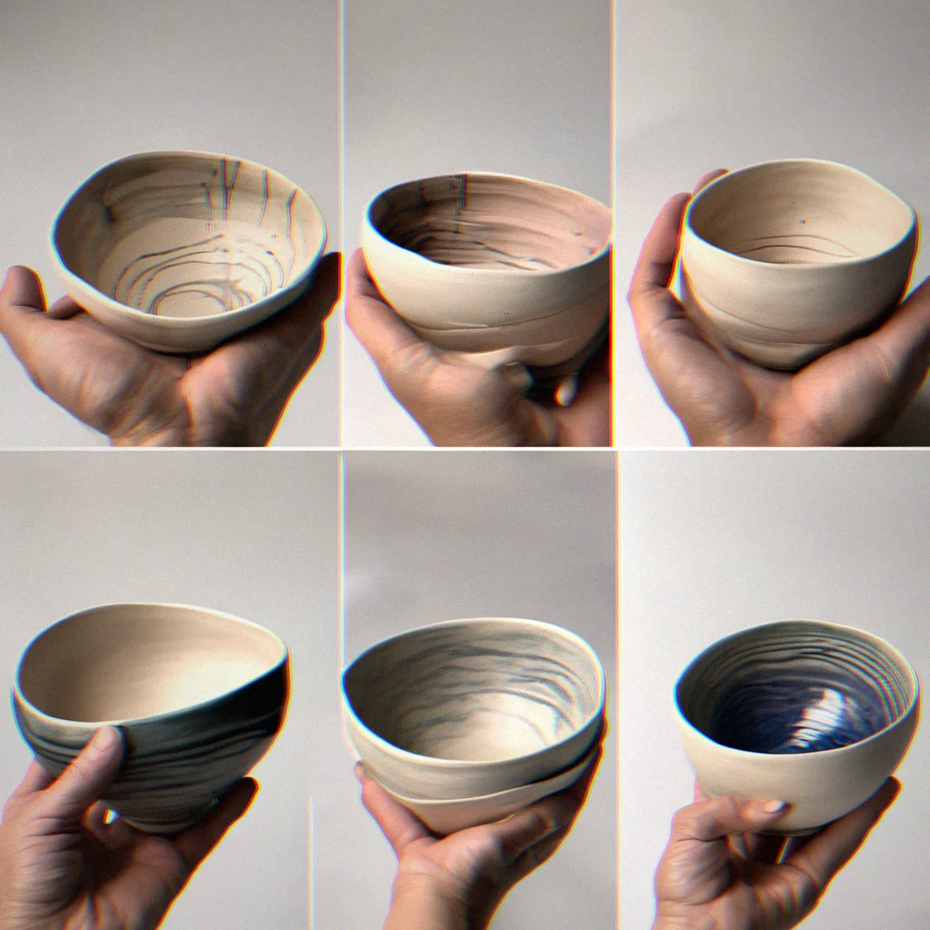 Three hand-thrown ceramic bowls in a maker's hands, each one shaped differently with glaze variation from the firing