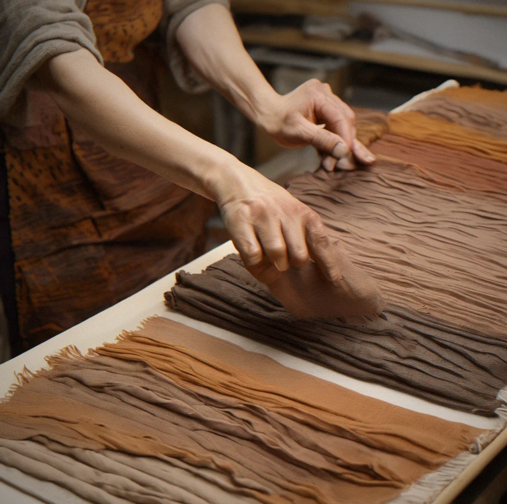 Stacked screen-printed textiles in warm earth tones, layered to show texture and color depth built up from multiple passes