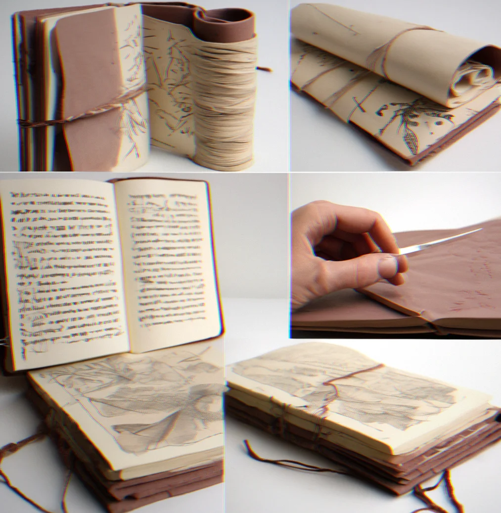Open hand-bound journal with a stitched spine, natural paper pages and handwriting visible on the inside cover